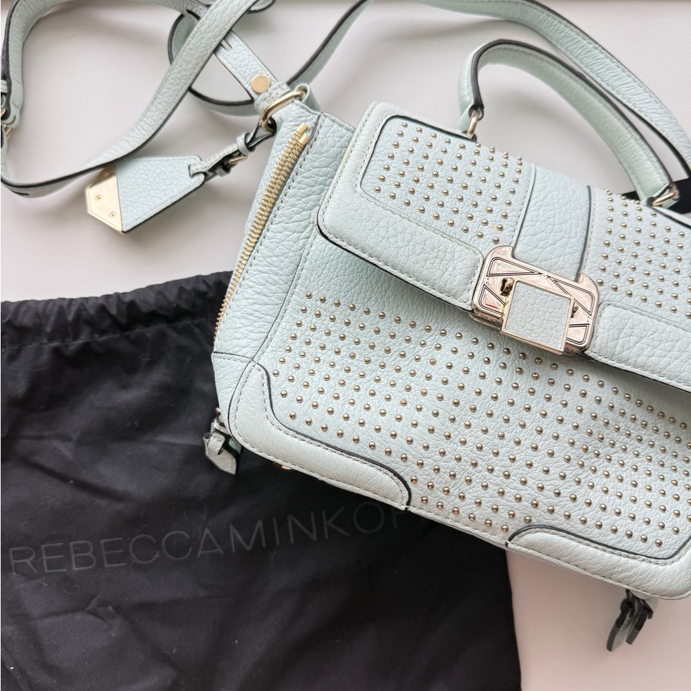 Rebecca Minkoff Studded Leather Crossbody Satchel Bag Mint Blue - Picture 10 of 13